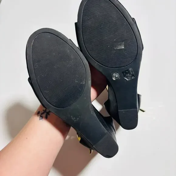 Chinese Laundry Black Wedge Heels with Bow and Ankle Strap - Picture 9 of 11